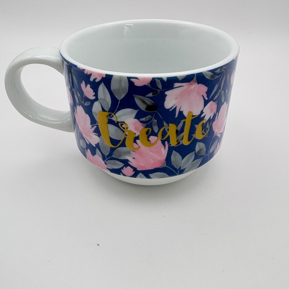 Pier 1 Coffee Tea Mug Stackable Navy Blue Floral Create Gold Script Small Chip - Picture 3 of 7